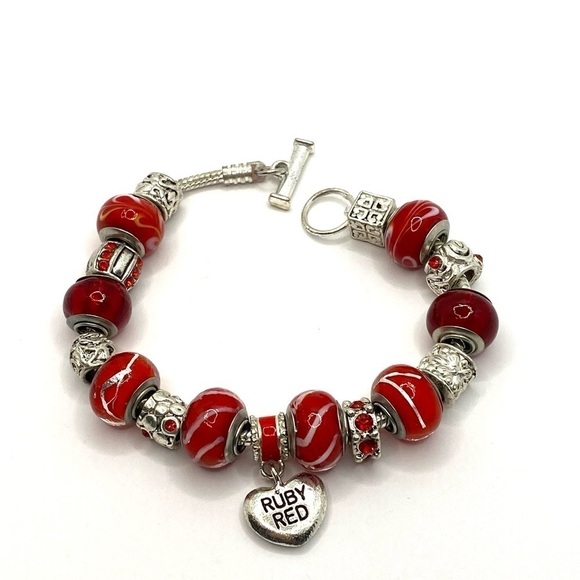 Charm Bracelet Red Glass Beads Silver Tone - Picture 5 of 5